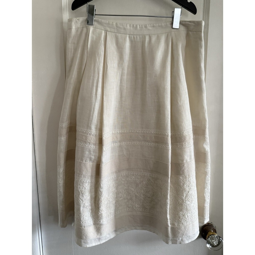 Banana Republic A-line Midi Skirt 100% Linen Embroidery Pin Tuck Side Zip Size 0
